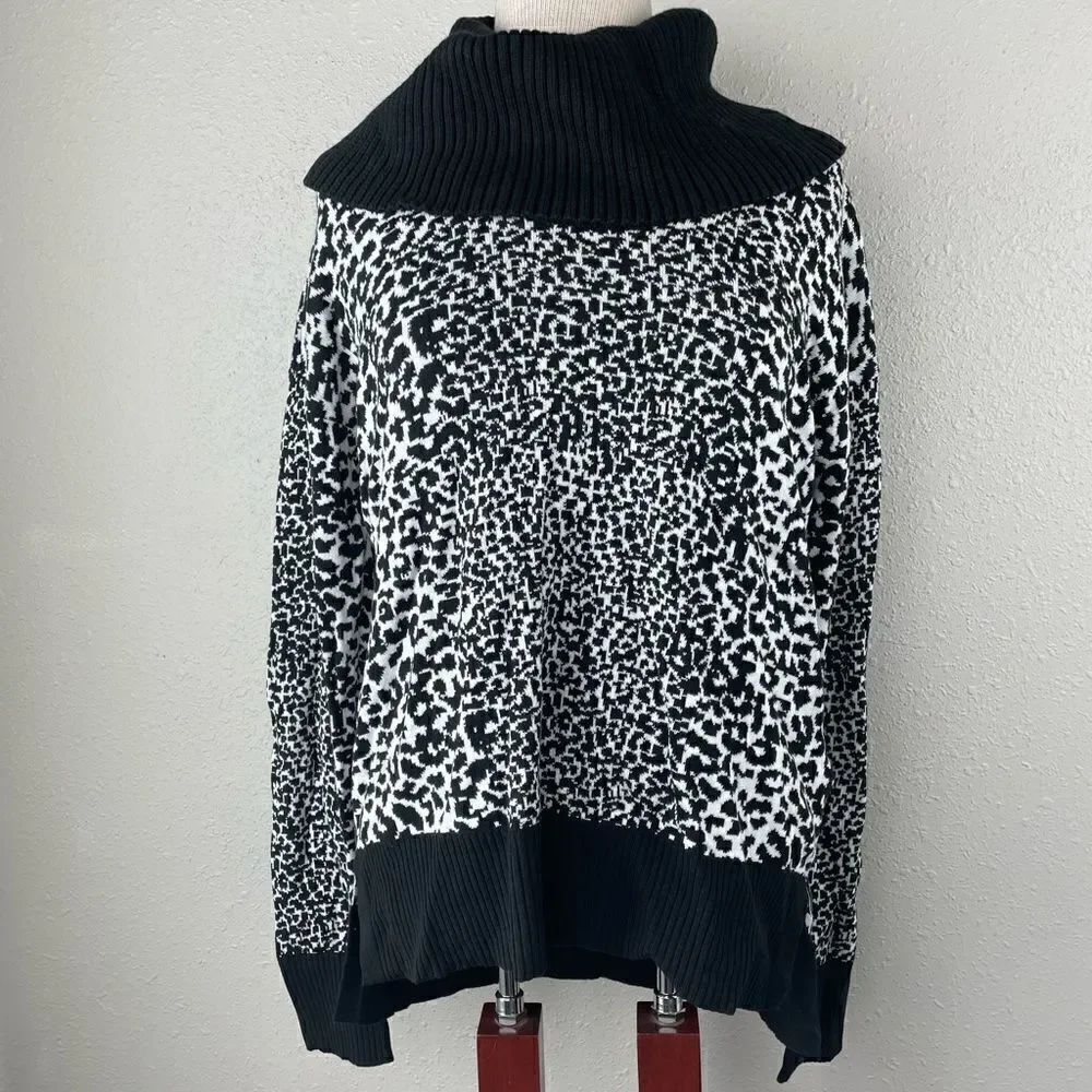 NWT Michael Kors Womens Black and White Animal Print Cowl Neck Sweater Size M